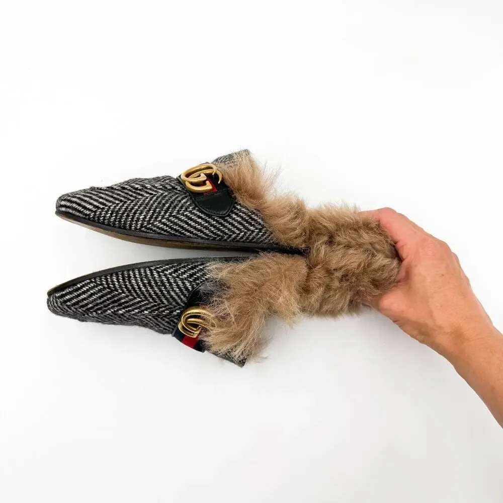 Gucci Princetown Herringbone Fur Mules GG Web Stripe Horsebit Loafers 7.5